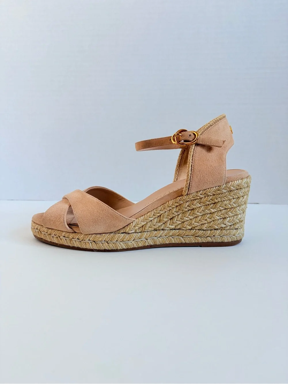 Stuart Weitzman Espadrille Wedge Sandals Platform Suede Raffia Tan Beige Size 9 - Picture 9 of 14